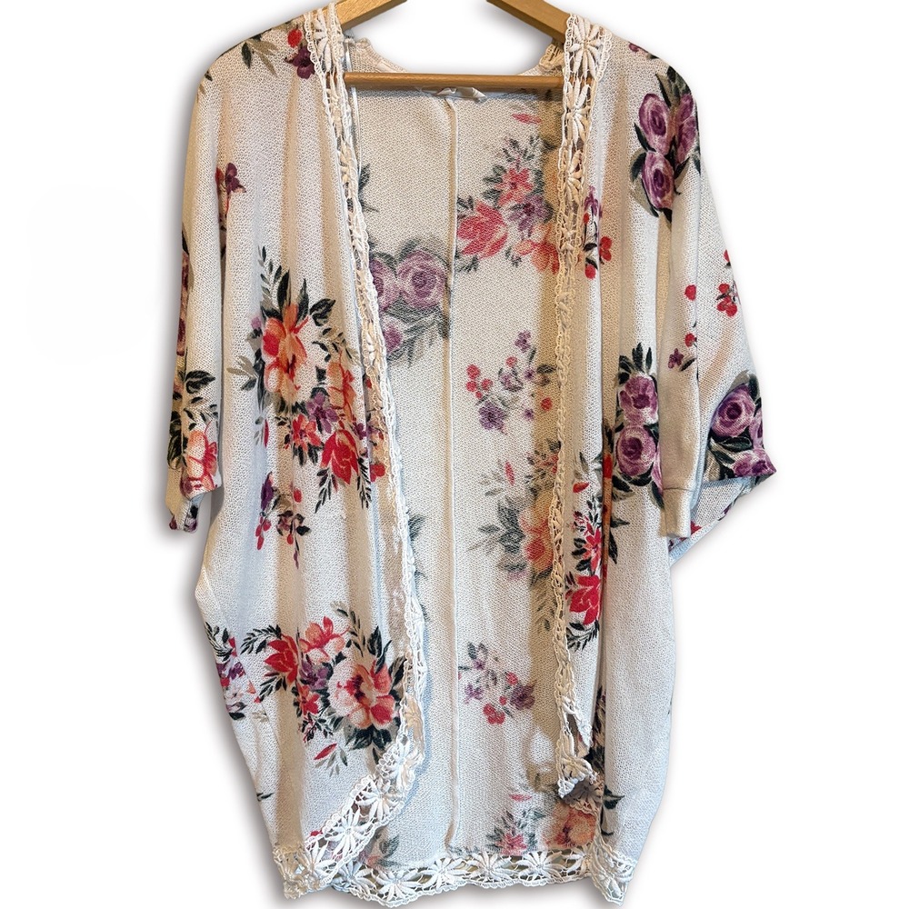 Pinque Womens Medium Kimono Floral Lace Trim Open Front Cardigan Boho Festival